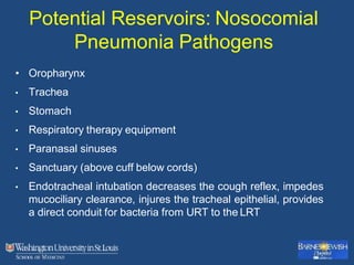 Potential Reservoirs: Nosocomial
Pneumonia Pathogens
• Oropharynx
• Trachea
• Stomach
• Respiratory therapy equipment
• Paranasal sinuses
• Sanctuary (above cuff below cords)
• Endotracheal intubation decreases the cough reflex, impedes
mucociliary clearance, injures the tracheal epithelial, provides
a direct conduit for bacteria from URT to the LRT
 