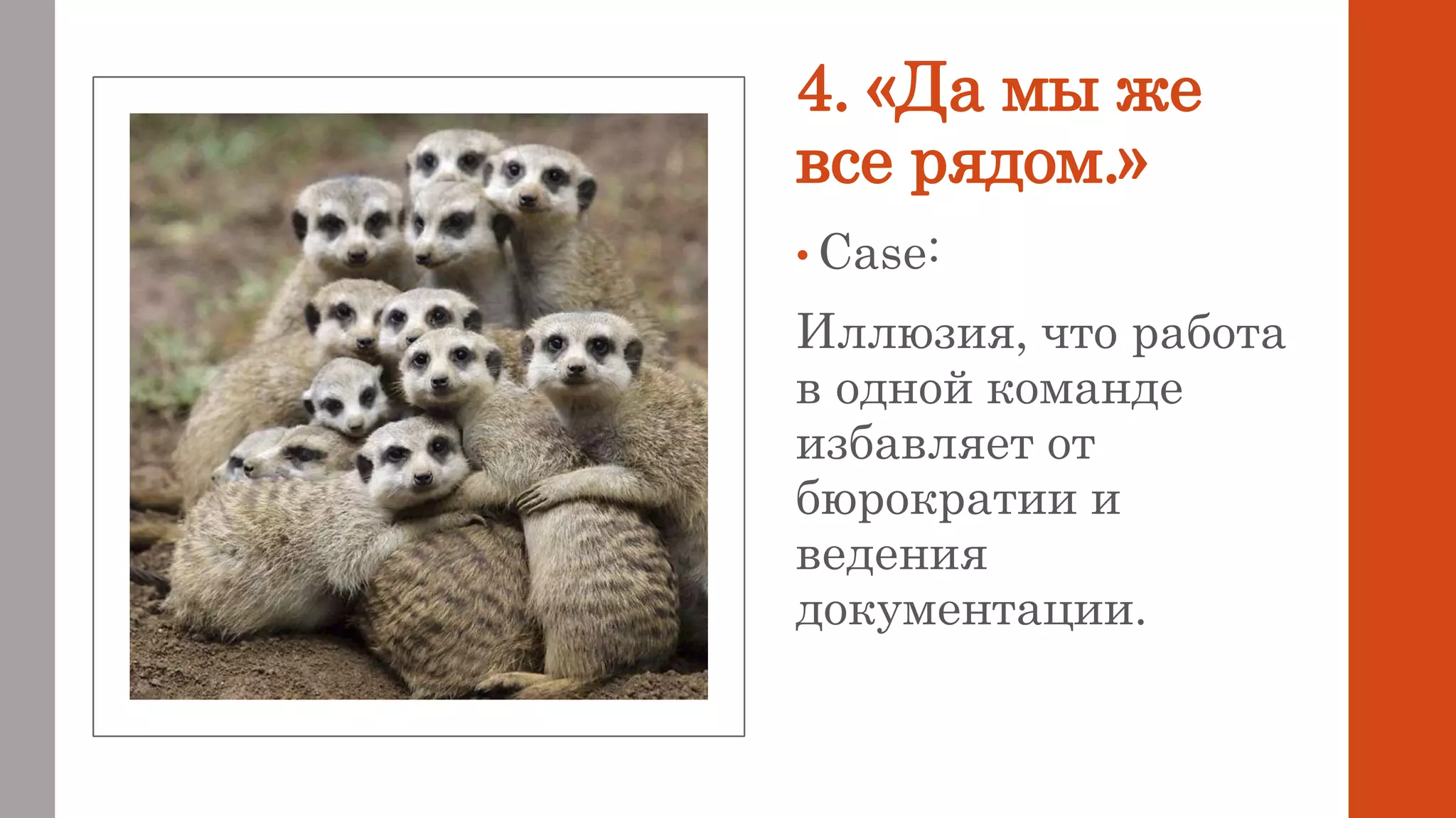 4. «Да мы же
все рядом.»
• Case:
Иллюзия, что работа
в одной команде
избавляет от
бюрократии и
ведения
документации.
 