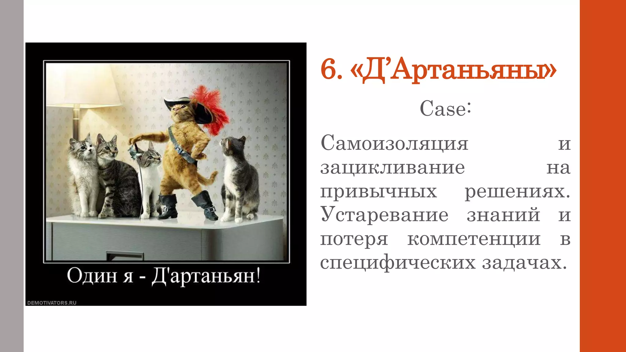 6. «Д’Артаньяны»
Case:
Самоизоляция и
зацикливание на
привычных решениях.
Устаревание знаний и
потеря компетенции в
специфических задачах.
 
