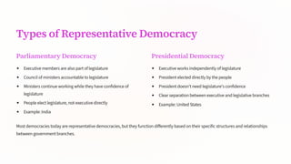 Types of Representative Democracy
Parliamentary Democracy
Executive members are also part of legislature
Council of ministers accountable to legislature
Ministers continue working while they have confidence of
legislature
People elect legislature, not executive directly
Example: India
Presidential Democracy
Executive works independently of legislature
President elected directly by the people
President doesn't need legislature's confidence
Clear separation between executive and legislative branches
Example: United States
Most democracies today are representative democracies, but they function differently based on their specific structures and relationships
between government branches.
 