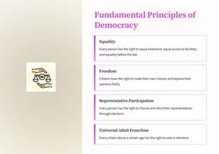 Fundamental Principles of
Democracy
Equality
Every person has the right to equal treatment, equal access to facilities,
and equality before the law
Freedom
Citizens have the right to make their own choices and express their
opinions freely
Representative Participation
Every person has the right to choose and elect their representatives
through elections
Universal Adult Franchise
Every citizen above a certain age has the right to vote in elections
 