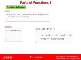 UNIT-III Functions W3schools.in, Tutorialspoint.com
Geeksforgeeks.org, codeforwin.org
Parts of Functions ?
Function Definition
 