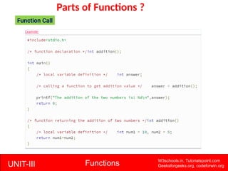 UNIT-III Functions W3schools.in, Tutorialspoint.com
Geeksforgeeks.org, codeforwin.org
Parts of Functions ?
Function Call
 