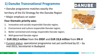 Fundraising mapping & IDMP CEE follow up opportunitiesApril 201519/ 45 www.gwpcee.org
• Danube programme matches exactly the
territory of the EU Strategy for the Danube Region
• Major emphasis on water
Four thematic priority axes:
1. Innovative and socially responsible Danube region;
2. Environment and culture responsible Danube region;
3. Better connected and energy responsible Danube region;
4. Well-governed Danube region
• EUR 202,3 million from the ERDF and EUR 19,8 million from IPA II
• Current status: operational programme not yet confirmed by EC – by
mid 2015; Secretariat in Budapest
1) Danube Transnational Programme
 