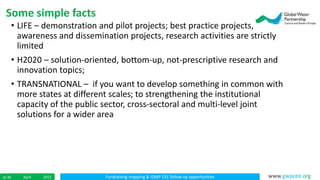 Fundraising mapping & IDMP CEE follow up opportunitiesApril 20154/ 45 www.gwpcee.org
• LIFE – demonstration and pilot projects; best practice projects,
awareness and dissemination projects, research activities are strictly
limited
• H2020 – solution-oriented, bottom-up, not-prescriptive research and
innovation topics;
• TRANSNATIONAL – if you want to develop something in common with
more states at different scales; to strengthening the institutional
capacity of the public sector, cross-sectoral and multi-level joint
solutions for a wider area
Some simple facts
 