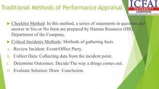 Traditional Methods of Performance Appraisal
 Checklist Method: In this method, a series of statements in question and
answer in Yes or No form are prepared by Human Resource (HR)
Department of the Company.
 Critical Incidents Methods: Methods of gathering facts.
A. Review Incident: Event/Office Party.
B. Collect Data: Collecting data from the incident point.
C. Determine Outcomes: Decide/The way a things comes out.
D. Evaluate Solution: Draw Conclusion.
 