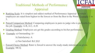 Traditional Methods of Performance
Appraisal
 Ranking Scale: It is simplest and oddest method of Performance Appraisal in which
employees are rated from highest to the lowest or from the Best to the Worst. Example: 1 to
5.
 Paired Comparison Method: Comparing employees in pairs to judge who is preferable for
the job. Example: A-B, A-C, A-D.
 Grading Method: Employees are get the grades according to his/her performance.
 Example: a) Outstanding: A+
b) Satisfactory: A
c) Not Satisfied: B,C,D,E
 Forced Choice Method: Rater is forced to answer the ready-made statements as given.
Example: MCQ.
 
