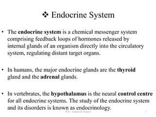  Endocrine System
• The endocrine system is a chemical messenger system
comprising feedback loops of hormones released by
internal glands of an organism directly into the circulatory
system, regulating distant target organs.
• In humans, the major endocrine glands are the thyroid
gland and the adrenal glands.
• In vertebrates, the hypothalamus is the neural control centre
for all endocrine systems. The study of the endocrine system
and its disorders is known as endocrinology.
1JCR - Endocrine System
 