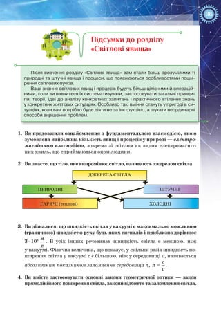 105
Після вивчення розділу «Світлові явища» вам стали більш зрозумілими ті
природні та штучні явища і процеси, що пояснюються особливостями поши-
рення світлових пучків.
Ваші знання світлових явищ і процесів будуть більш цілісними й операцій-
ними, коли ви навчитеся їх систематизувати, застосовувати загальні принци-
пи, теорії, ідеї до аналізу конкретних запитань і практичного втілення знань
у конкретних життєвих ситуаціях. Особливо такі вміння стануть у пригоді в си-
туаціях, коли вам потрібно буде діяти не за інструкцією, а шукати неординарні
способи вирішення проблем.
Підсумки до розділу
«Світлові явища»
1.	 Ви продовжили ознайомлення з фундаментальною взаємодією, якою
зумовлена найбільша кількість явищ і процесів у природі — електро-
магнітною взаємодією, зокрема зі світлом як видом електромагніт-
них хвиль, що сприймаються оком людини.
2.	 Ви знаєте, що тіло, яке випромінює світло, називають джерелом світла.
3.	 Ви дізналися, що швидкість світла у вакуумі є максимально можливою
(граничною) швидкістю руху будь-яких сигналів і приблизно дорівнює
3 ⋅ 108 м
с
. В  усіх інших речовинах швидкість світла є меншою, ніж
у вакуумі. Фізична величина, що показує, у скільки разів швидкість по-
ширення світла у вакуумі с є більшою, ніж у середовищі v, називається
абсолютним показником заломлення середовища n,
ñ
ï
v
= .
4.	 Ви вмієте застосовувати основні закони геометричної оптики  — закон
прямолінійного поширення світла, закони відбиття та заломлення світла.
 