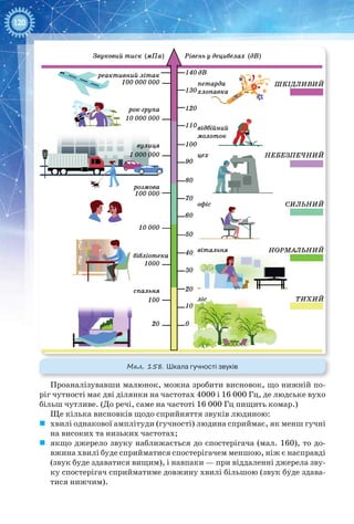 120
Проаналізувавши малюнок, можна зробити висновок, що нижній по-
ріг чутності має дві ділянки на частотах 4000 і 16 000 Гц, де людське вухо
більш чутливе. (До речі, саме на частоті 16 000 Гц пищить комар.)
Ще кілька висновків щодо сприйняття звуків людиною:
	 хвилі однакової амплітуди (гучності) людина сприймає, як менш гучні
на високих та низьких частотах;
	 якщо джерело звуку наближається до спостерігача (мал. 160), то до-
вжина хвилі буде сприйматися спостерігачем меншою, ніж є насправді
(звук буде здаватися вищим), і навпаки — при віддаленні джерела зву-
ку спостерігач сприйматиме довжину хвилі більшою (звук буде здава-
тися нижчим).
Мал. 158. Шкала гучності звуків
 