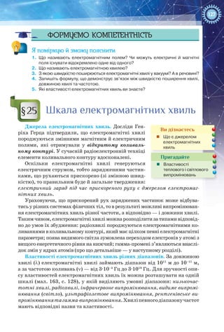 127
Формуємо компетентність
Я поміркую й зможу пояснити
1.	 Що називають електромагнітним полем? Чи можуть електричні й магнітні
поля існувати відокремлено одне від одного?
2.	 Що називають електромагнітною хвилею?
3.	 З якою швидкістю поширюються електромагнітні хвилі у вакуумі? А в речовині?
4.	 Запишіть формулу, що демонструє зв’язок між швидкістю поширення хвилі,
довжиною хвилі та частотою.
5.	 Які властивості електромагнітних хвиль ви знаєте?
Шкала електромагнітних хвиль
Джерела електромагнітних хвиль. Досліди Ген-
ріха  Герца підтвердили, що електромагнітні хвилі
породжуються змінними магнітним й електричним
полями, які отримували у відкритому коливаль-
ному контурі. У сучасній радіоелектронній техніці
елементи коливального контуру вдосконалені.
Оскільки електромагнітні хвилі генеруються
електричним струмом, тобто зарядженими частин-
ками, що рухаються прискорено (зі змінною швид-
кістю), то правильним буде й загальне твердження:
електричний заряд під час прискореного руху є джерелом електромаг-
нітних хвиль.
Ураховуючи, що прискорений рух заряджених частинок може відбува-
тись у різних системах фізичних тіл, то в результаті можливі випромінюван-
ня електромагнітних хвиль різної частоти, а відповідно — і довжини хвилі.
Таким чином, електромагнітні хвилі можна розподілити за типами відповід-
но до умов їх збудження: радіохвилі породжуються електромагнітними ко-
ливаннями в коливальному контурі, який має цілком певні електромагнітні
параметри; поява видимого світла зумовлена переходом електронів у атомі з
вищого енергетичного рівня на нижчий; гамма-промені з’являються внаслі-
док змін у ядрах атомів (про що детальніше — у наступному розділі).
Властивості електромагнітних хвиль різних діапазонів. За довжиною
хвилі (λ) електромагнітні хвилі займають діапазон від 1011
 м до 10–11
 м,
а за частотою коливань (ν) — від 3∙10–3
 Гц до 3∙1019
 Гц. Для зручності опи-
су властивостей електромагнітних хвиль їх можна розташувати на одній
шкалі (мал. 163, с. 128), у якій виділяють умовні діапазони: низькочас-
тотні хвилі, радіохвилі, інфрачервоне випромінювання, видиме випромі-
нювання (світло), ультрафіолетове випромінювання, рентгенівське ви-
промінюваннятагамма-випромінювання.Хвиліпевногодіапазонучастот
мають відповідні назви та властивості.
§25
Ви дізнаєтесь
„„ Що є джерелом
електромагнітних
хвиль
Пригадайте
„„ Властивості
теплового і світлового
випромінювань
 