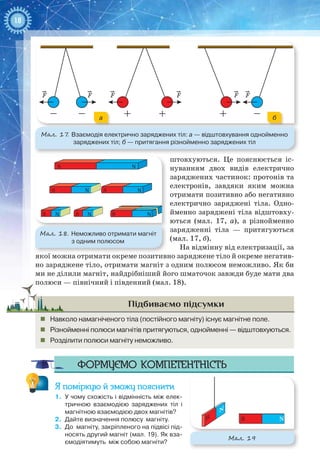 18
штовхуються. Це пояснюється іс-
нуванням двох видів електрично
заряджених частинок: протонів та
електронів, завдяки яким можна
отримати позитивно або негативно
електрично заряджені тіла. Одно-
йменно заряджені тіла відштовху-
ються (мал.  17,  а), а різнойменно
зарядженні тіла  — притягуються
(мал. 17, б).
На відмінну від електризації, за
якої можна отримати окреме позитивно заряджене тіло й окреме негатив-
но заряджене тіло, отримати магніт з одним полюсом неможливо. Як би
ми не ділили магніт, найдрібніший його шматочок завжди буде мати два
полюси — північний і південний (мал. 18).
Підбиваємо підсумки
„„ Навколо намагніченого тіла (постійного магніту) існує магнітне поле.
„„ Різнойменні полюси магнітів притягуються, однойменні — відштовхуються.
„„ Розділити полюси магніту неможливо.
Формуємо компетентність
Я поміркую й зможу пояснити
1.	 У чому схожість і відмінність між елек-
тричною взаємодією заряджених тіл і
магнітною взаємодією двох магнітів?
2.	 Дайте визначення полюсу магніту.
3.	 До магніту, закріпленого на підвісі під-
носять другий магніт (мал. 19). Як вза-
ємодіятимуть між собою магніти?
S
S S
S S S
N
N N
NNN
Мал. 18. Неможливо отримати магніт
з одним полюсом
SS
N
N
Мал. 19
F F F F F F
Мал. 17. Взаємодія електрично заряджених тіл: а — відштовхування однойменно
заряджених тіл; б — притягання різнойменно заряджених тіл
a б
 