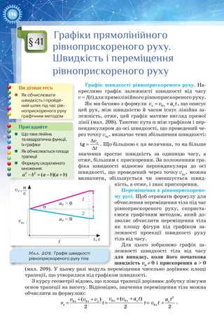 196
Графіки прямолінійного
рівноприскореного руху.
Швидкість і переміщення
рівноприскореного руху
Графік швидкості рівноприскореного руху. На-
креслимо графік залежності швидкості від часу
v = f(t) для прямолінійного рівноприскореного руху.
Як ми бачимо з формули 0x x xv v a t= + , що описує
цей рух, між швидкістю й часом існує лінійна за-
лежність, отже, цей графік матиме вигляд прямої
лінії (мал. 208). Тангенс кута α між графіком і пер-
пендикуляром до осі швидкості, що проведений че-
рез точку v0х
, визначає темп збільшення швидкості:
tg хv
t
Δ
=
Δ
. Що більшою є ця величина, то на більше
значення зростає швидкість за одиницю часу, а
отже, більшим є прискорення. За положенням гра-
фіка швидкості відносно перпендикуляра до осі
швидкості, що проведений через точку v0х
, можна
визначити, збільшується чи зменшується швид-
кість, а отже, і знак прискорення.
Переміщення в рівноприскорено-
му русі. Щоб отримати формулу для
обчислення переміщення тіла під час
рівноприскореного руху, скориста-
ємося графічним методом, який до-
зволяє обчислити переміщення тіла
як площу фігури під графіком за-
лежності проекції швидкості руху
тіла від часу.
Для цього зобразимо графік за-
лежності швидкості тіла від часу
для випадку, коли його початкова
швидкість v0
 ≠ 0 і прискорення a > 0
(мал. 209). У цьому разі модуль переміщення чисельно дорівнює площі
трапеції, що утворилася під графіком швидкості.
З курсу геометрії відомо, що площа трапеції дорівнює добутку півсуми
основ трапеції на висоту. Відповідно, значення переміщення тіла можна
обчислити за формулою:
2
0 00 0
0
( )( )
2 2 2
x x xх x х х
х x
v v a tv v v a t
s t t v t
+ ++ +
= = = + .
§41
Мал. 208. Графік швидкості
рівноприскореного руху тіла
t, ct
ax > 0
ax < 0
vx ,
v0x
1
2
α
м
с
Ви дізнаєтесь
„„ Як обчислювати
швидкість і пройде-
ний шлях під час рів-
ноприскореного руху
графічним методом
Пригадайте
„„ Що таке лінійна
та квадратична функції,
їх графіки
„„ Як обчислюється площа
трапеції
„„ Формулу скороченого
множення:
2 2
( )( )a b a b a b− = − +
 