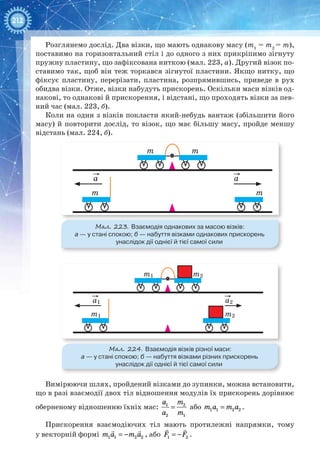 212
Розглянемо дослід. Два візки, що мають однакову масу (m1
= m2
= m),
поставимо на горизонтальний стіл і до одного з них прикріпимо зігнуту
пружну пластину, що зафіксована ниткою (мал. 223, а). Другий візок по-
ставимо так, щоб він теж торкався зігнутої пластини. Якщо нитку, що
фіксує пластину, перерізати, пластина, розпрямившись, приведе в рух
обидва візки. Отже, візки набудуть прискорень. Оскільки маси візків од-
накові, то однакові й прискорення, і відстані, що проходять візки за пев-
ний час (мал. 223, б).
Коли на один з візків покласти який-небудь вантаж (збільшити його
масу) й повторити дослід, то візок, що має більшу масу, пройде меншу
відстань (мал. 224, б).
m m
a
m
a
m
Мал. 223. Взаємодія однакових за масою візків:
а — у стані спокою; б — набуття візками однакових прискорень
унаслідок дії однієї й тієї самої сили
m1 m2
a1
m1
a2
m2
Мал. 224. Взаємодія візків різної маси:
а — у стані спокою; б — набуття візками різних прискорень
унаслідок дії однієї й тієї самої сили
Вимірюючи шлях, пройдений візками до зупинки, можна встановити,
що в разі взаємодії двох тіл відношення модулів їх прискорень дорівнює
оберненому відношенню їхніх мас: =1 2
2 1
a m
a m
або =1 1 2 2m a m a .
Прискорення взаємодіючих тіл мають протилежні напрямки, тому
у векторній формі = −
 
1 1 2 2m a m a , або = −
 
1 2F F .
 