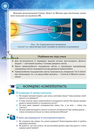 66
Взаємне розташування Сонця, Землі та Місяця при місячному затем-
нені показано на малюнку 90.
МісяцьМ
Сонце Земля
Мал. 90. Схема місячного затемнення
(примітка: масштаб відстаней і розмірів на малюнку не дотримано)
Підбиваємо підсумки
„„ Для встановлення й перевірки законів оптики застосовують фізичні
моделі — світловий промінь і точкове джерело світла.
„„ Закон прямолінійного поширення світла: у прозорому однорідному
середовищі світло поширюється від джерела прямолінійно.
„„ Прямолінійним поширенням світла пояснюється утворення тіні й півтіні
від непрозорих тіл, а в масштабах всесвіту — Сонячні й Місячні затем-
нення.
Формуємо компетентність
Я поміркую й зможу пояснити
1.	 Які моделі використовують для опису світлових явищ? Чому виникає необ-
хідність у їх введенні?
2.	 У чому полягає закон прямолінійного поширення світла? Які явища підтвер-
джують прямолінійність поширення світла?
3.	 За яких умов предмет утворюватиме повну тінь, а за яких  — повну тінь
і півтінь?
4.	 За яких умов виникають сонячні та місячні затемнення? Що триває довше —
повне затемнення Сонця чи повне затемнення Місяця?
Я вмію досліджувати й експериментувати
1.	 Як отримати від олівця тінь різної довжини? Поекспериментуйте й зробіть
відповідні малюнки.
2.	 Як довести, що три стовпи, які розташовані далеко один від одного, стоять
уздовж однієї прямої?
 