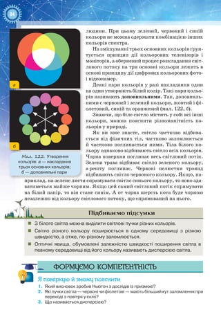 84
Мал. 122. Утворення
кольорів: а — накладання
трьох основних кольорів;
б — доповняльні пари
а
б
людини. При цьому зелений, червоний і синій
кольори не можна одержати комбінацією інших
кольорів спектра.
На змішуванні трьох основних кольорів ґрун-
тується принцип дії кольорових телевізорів і
моніторів, а обернений процес розкладання світ-
лового потоку на три основні кольори лежить в
основі принципу дії цифрових кольорових фото-
і відеокамер.
Деякі пари кольорів у разі накладання один
на один утворюють білий колір. Такі пари кольо-
рів називають доповняльними. Так, доповняль-
ними є червоний і зелений кольори, жовтий і фі-
олетовий, синій та оранжевий (мал. 122, б).
Знаючи, що біле світло містить у собі всі інші
кольори, можна пояснити різноманітність ко-
льорів у природі.
Як ви вже знаєте, світло частково відбива-
ється від фізичних тіл, частково заломлюється
й частково поглинається ними. Тіла білого ко-
льору однаково відбивають світло всіх кольорів.
Чорна поверхня поглинає весь світловий потік.
Зелена трава відбиває світло зеленого кольору,
а решту поглинає. Червоні пелюстки троянд
відбивають світло червоного кольору. Якщо, на-
приклад, на зелене листя спрямувати світло синього кольору, то воно зда-
ватиметься майже чорним. Якщо цей самий світловий потік спрямувати
на білий папір, то він стане синім. А от чорна шерсть кота буде чорною
незалежно від кольору світлового потоку, що спрямований на нього.
Підбиваємо підсумки
„„ З білого світла можна виділити світлові пучки різних кольорів.
„„ Світло різного кольору поширюється в одному середовищі з різною
швидкістю, а отже, по-різному заломлюється.
„„ Оптичні явища, обумовлені залежністю швидкості поширення світла в
певному середовищі від його кольору називають дисперсією світла.
Формуємо компетентність
Я поміркую й зможу пояснити
1.	 Який висновок зробив Ньютон з дослідів із призмою?
2.	 Які пучки світла — червоні чи фіолетові — мають більший кут заломлення при
переході з повітря у скло?
3.	 Що називається дисперсією?
 