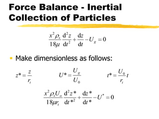 Acceleration & InertiaParticles reach 99% of their terminal settling velocity very quickly.Can use similar approach to characterise the inertia within a system.Inertia can be used in gas cleaning systems.