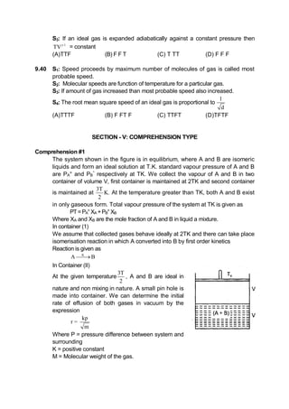 S3: If an ideal gas is expanded adiabatically against a constant pressure then
γ-1
TV = constant
(A)TTF (B) F F T (C) T TT (D) F F F
9.40 S1: Speed proceeds by maximum number of molecules of gas is called most
probable speed.
S2: Molecular speeds are function of temperature for a particular gas.
S3: If amount of gas increased than most probable speed also increased.
S4: The root mean square speed of an ideal gas is proportional to
1
d
(A)TTTF (B) F FT F (C) TTFT (D)TFTF
SECTION - V: COMPREHENSION TYPE
Comprehension #1
The system shown in the figure is in equilibrium, where A and B are isomeric
liquids and form an ideal solution at T.K. standard vapour pressure of A and B
are PA° and PB
°
respectively at TK. We collect the vapour of A and B in two
container of volume V, first container is maintained at 2TK and second container
is maintained at
3T
K.
2
At the temperature greater than TK, both A and B exist
in only gaseous form. Total vapour pressure of the system at TK is given as
PT =PA°XA +PB°XB
Where XA and XB are the mole fraction of A and B in liquid a mixture.
In container (1)
We assume that collected gases behave ideally at 2TK and there can take place
isomerisation reaction in which A converted into B by first order kinetics
Reaction is given as
K
A B
In Container (II)
At the given temperature
3T
2
, A and B are ideal in
nature and non mixing in nature. A small pin hole is
made into container. We can determine the initial
rate of effusion of both gases in vacuum by the
expression
kp
r =
m
Where P = pressure difference between system and
surrounding
K = positive constant
M = Molecular weight of the gas.
 