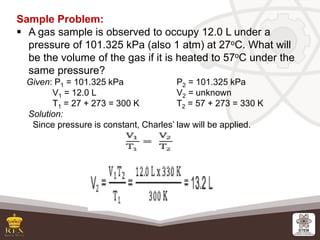 Sample Problem:
▪ A gas sample is observed to occupy 12.0 L under a
pressure of 101.325 kPa (also 1 atm) at 27oC. What wil...