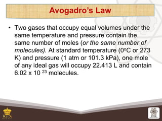 • Two gases that occupy equal volumes under the
same temperature and pressure contain the
same number of moles (or the sam...