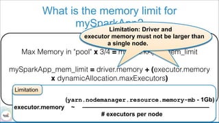 !19
Max Memory in "pool" x 3/4 = mySparkApp_mem_limit
!
mySparkApp_mem_limit = driver.memory + (executor.memory
x dynamicAllocation.maxExecutors)
What is the memory limit for
mySparkApp?Limitation: Each driver
and executor must not be larger than a
single node.
Limitation: Driver and
executor memory must not be larger than
a single node.
!
(yarn.nodemanager.resource.memory-mb - 1Gb)
executor.memory ~
# executors per node
Limitation
 
