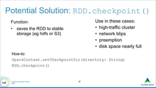 Potential Solution: RDD.checkpoint()
!32
Use in these cases:
• high-traffic cluster
• network blips
• preemption
• disk space nearly full
!
!
Function:
• saves the RDD to stable
storage (eg hdfs or S3)
How-to:
SparkContext.setCheckpointDir(directory: String)
RDD.checkpoint()
 