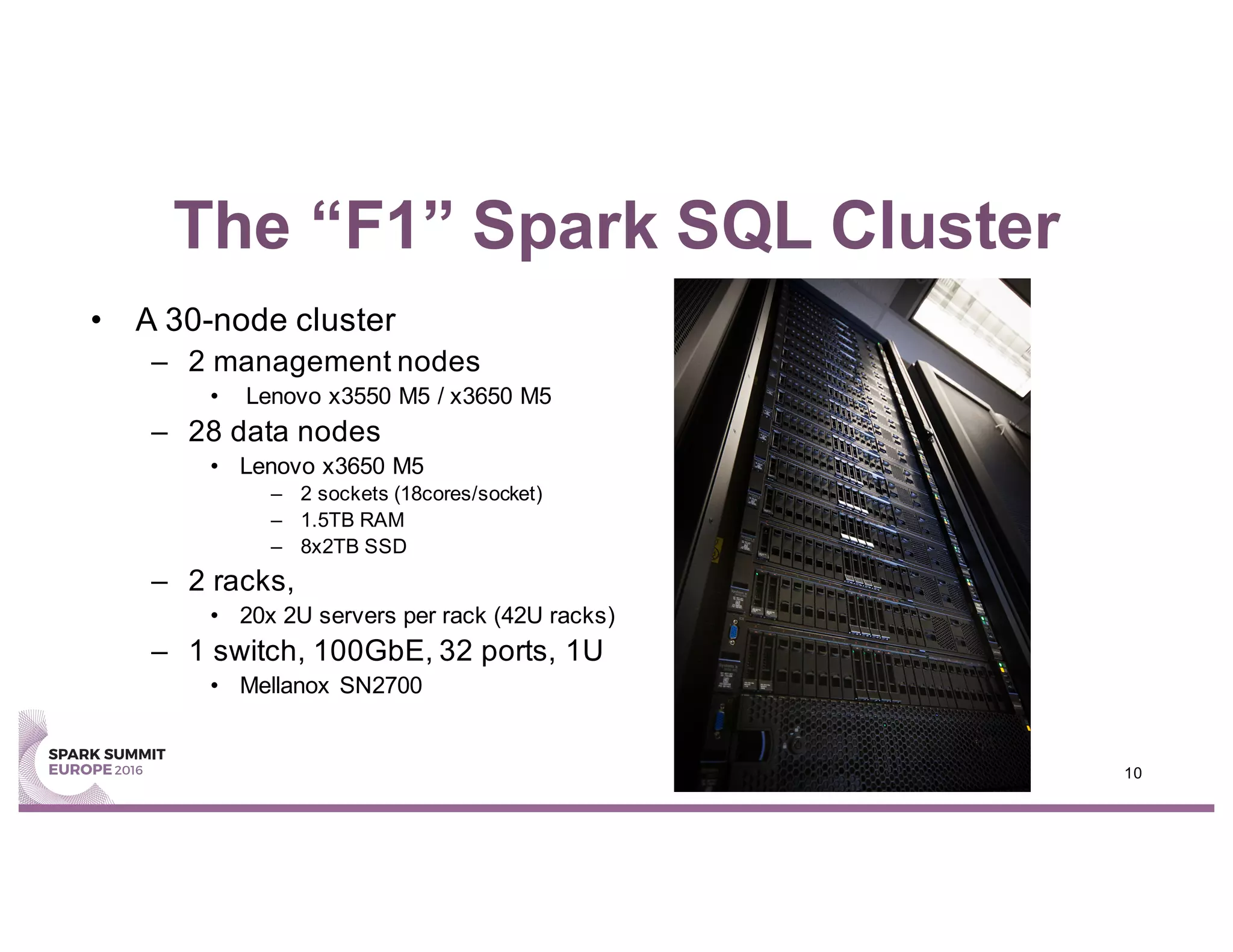 The “F1” Spark SQL Cluster
• A 30-node cluster
– 2 management nodes
• Lenovo x3550 M5 / x3650 M5
– 28 data nodes
• Lenovo x3650 M5
– 2 sockets (18cores/socket)
– 1.5TB RAM
– 8x2TB SSD
– 2 racks,
• 20x 2U servers per rack (42U racks)
– 1 switch, 100GbE, 32 ports, 1U
• Mellanox SN2700
10
 