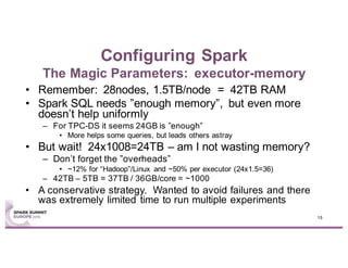 Configuring Spark
The Magic Parameters: executor-memory
• Remember: 28nodes, 1.5TB/node = 42TB RAM
• Spark SQL needs ”enough memory”, but even more
doesn’t help uniformly
– For TPC-DS it seems 24GB is ”enough”
• More helps some queries, but leads others astray
• But wait! 24x1008=24TB – am I not wasting memory?
– Don’t forget the ”overheads”
• ~12% for “Hadoop”/Linux and ~50% per executor (24x1.5=36)
– 42TB – 5TB = 37TB / 36GB/core = ~1000
• A conservative strategy. Wanted to avoid failures and there
was extremely limited time to run multiple experiments
15
 