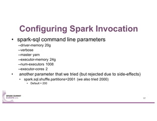 Configuring Spark Invocation
• spark-sql command line parameters
--driver-memory 20g
--verbose
--master yarn
--executor-memory 24g
--num-executors 1008
--executor-cores 2
• another parameter that we tried (but rejected due to side-effects)
• spark.sql.shuffle.partitions=2001 (we also tried 2000)
• Default = 200
17
 