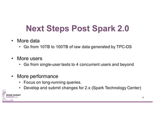 Next Steps Post Spark 2.0
• More data
• Go from 10TB to 100TB of raw data generated by TPC-DS
• More users
• Go from single-user tests to 4 concurrent users and beyond
• More performance
• Focus on long-running queries.
• Develop and submit changes for 2.x (Spark Technology Center)
8
 