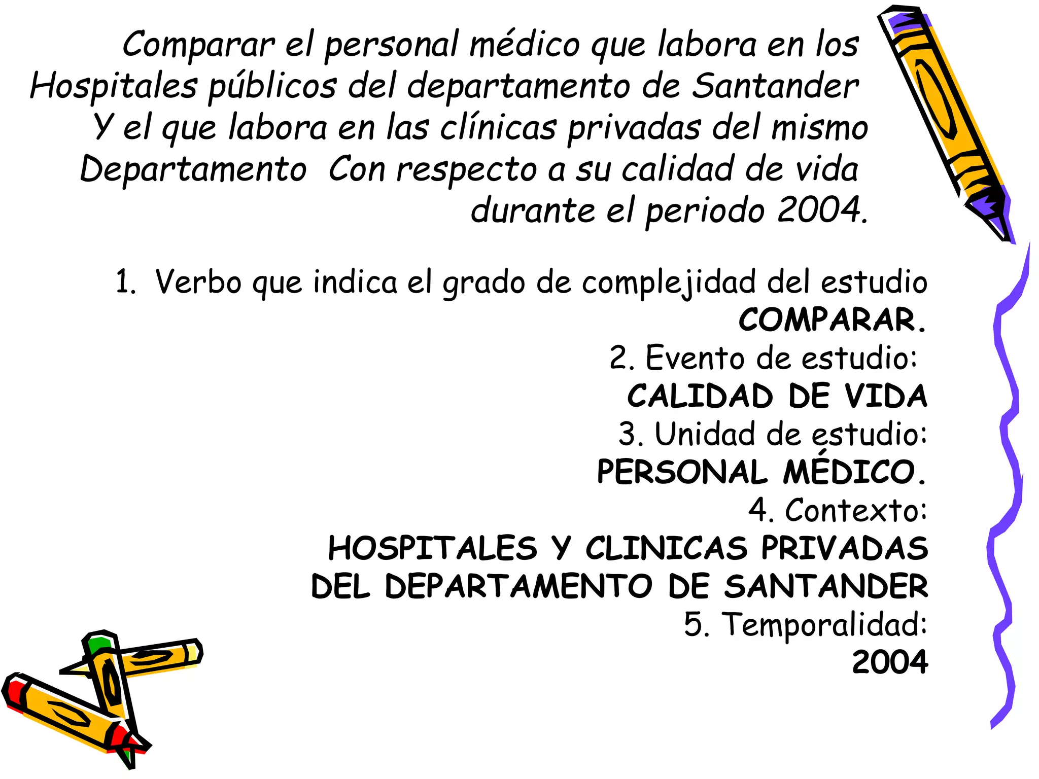 Comparar el personal médico que labora en los
Hospitales públicos del departamento de Santander
Y el que labora en las clínicas privadas del mismo
Departamento Con respecto a su calidad de vida
durante el periodo 2004.
1. Verbo que indica el grado de complejidad del estudio
COMPARAR.
2. Evento de estudio:
CALIDAD DE VIDA
3. Unidad de estudio:
PERSONAL MÉDICO.
4. Contexto:
HOSPITALES Y CLINICAS PRIVADAS
DEL DEPARTAMENTO DE SANTANDER
5. Temporalidad:
2004
 
