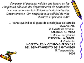 Comparar el personal médico que labora en los
Hospitales públicos del departamento de Santander
Y el que labora en las clí...