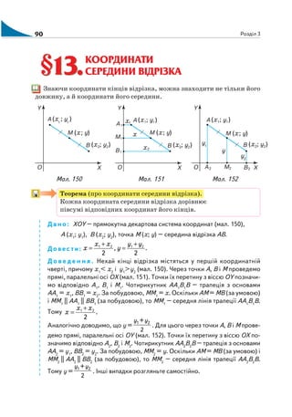 90 Розділ 3
КООРДИНАТИ
СЕРЕДИНИ ВІДРІЗКА
Знаючи координати кінців відрізка, можна знаходити не тільки його
довжину, а й координати його середини.
Мал. 150 Мал. 151 Мал. 152
Теорема (про координати середини відрізка).
Кожна координата середини відрізка дорівнює
півсумі відповідних координат його кінців.
Дано: ХОY – прямокутна декартова система координат (мал. 150),
A (х1
; y1
), В (х2
; y2
), точка М (х; y) – середина відрізка АВ.
Довести: .
2
,
2
2121 yy
y
хх
х
+
=
+
=
Д о в е д е н н я . Нехай кінці відрізка містяться у першій координатній
чверті, причому х1
< x2
і y1
>y2
(мал. 150). Через точки А, В і М проведемо
прямі, паралельні осі ОХ (мал. 151). Точки їх перетину з віссю ОY позначи
мо відповідно А1
, В1
і М1
. Чотирикутник АА1
В1
В – трапеція з основами
АА1
= х1
, ВВ1
= х2
. За побудовою, ММ1
= х. Оскільки АМ = МВ (за умовою)
і ММ1
|| АА1
|| ВВ1
(за побудовою), то ММ1
– середня лінія трапеції АА1
В1
В.
Тому .
2
21 хх
х
+
=
Аналогічно доводимо, що у =
1 2+
2
y y
. Для цього через точки А, В і М прове
демо прямі, паралельні осі ОY (мал. 152). Точки їх перетину з віссю ОХ по
значимо відповідно А2
, В2
і М2
. Чотирикутник АА2
В2
В – трапеція з основами
АА2
= y1
, ВВ2
= y2
. За побудовою, ММ2
= y. Оскільки АМ = МВ (за умовою) і
ММ2
|| АА2
|| ВВ2
(за побудовою), то ММ2
– середня лінія трапеції АА2
В2
В.
Тому у =
1 2+
2
y y
. Інші випадки розгляньте самостійно.
§13.§13.
 