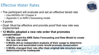 Effective Water Rates
• The participant will evaluate and set an effective tiered rate
• Use AWWA’s M1 Chapter 4
• Appendix C or AWE’s forecasting model
• 3 points
• Goal: Must be effective and provide proof that new rate was
implemented
• 12 MUDs adopted a new rate order that promotes
conservation
• 4 MUDs used the AWE Sales Forecasting and Rate Model to create
the new rate order
• 8 MUDs did an independent analysis of their usage to determine
what tiers and associated costs would promote conservation
• 5 MUDs changed their rate after their original rate structure was
determined to be inadequate
 