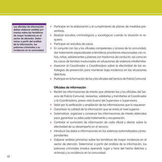 32
f Participar en la elaboración y el cumplimiento de planes de medidas pre-
ventivas.
f Realizar estudios criminológicos y sociológicos cuando la situación lo re-
quiera.
f Participar en estudios de casos.
f En conjunto con las y los oiciales competentes y actores de la comunidad,
dar tratamiento especializado a temáticas prioritarias relacionadas con ni-
ños, niñas, adolescentes y jóvenes con trastornos de conducta, así como en
los casos de familias involucradas en situaciones de violencia intrafamiliar.
f Asesorar al Coordinador o Coordinadora sobre la efectividad de las es-
trategias de prevención para mantener baja incidencia en las situaciones
delictivas.
f Participar en la formación de las y los oiciales del Servicio de Policía Comunal.
oiciales de información
f Recibir las informaciones de interés que obtienen las y los oiciales del Ser-
vicio de Policía Comunal, revisarlas, validarlas y tramitarlas al Coordinador
o la Coordinadora, previo visto bueno del Supervisor o Supervisora.
f Velar por la veriicación y ampliación de las informaciones que lo requieran.
f Garantizar la calidad de la información que se envía al nivel superior.
f Sistematizar, organizar y conservar las informaciones de interés obtenidas
para garantizar su adecuado tratamiento y recuperación.
f Controlar el suministro de información de cada oicial y alertar sobre la
efectividad de su desempeño en el servicio.
f Introducir los datos e informaciones en los sistemas automatizados corres-
pondientes.
f Elaborar análisis primarios sobre las temáticas de mayor incidencia en el
sector de atención. Determinar a partir del análisis de la información, los
patrones criminales (modus operandi, lugar y hora del hecho delictivo y
víctimas) y su incidencia en la comunidad.
los oiciales de información
deben elaborar análisis pri-
marios sobre las temáticas
de mayor incidencia en el
sector de atención. deter-
minar a partir del análisis
de la información, los
patrones criminales y su
incidencia en la comunidad.
 