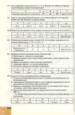 31. Углы трапеции относятся как 3 : 4 : 5 : 6. Какой угол образуют продол­
жения боковых сторон этой трапеции?
А Б В Г д
Заданная трапеция не существует 90° 40° 60° Другой ответ
32. Одна из диагоналей ромба равна 4 м, а вторая образует со стороной
ромба угол 30°. Найдите площадь ромба.
А Б в Г д
32 м2 ібТз м2 16 м2 8х/3 м2 Другой ответ
33. Найдите на оси абсцисс точку, равноудаленную от точек А (4; 1) и Б (1; 4).
А Б в Г Д
(1; 0) (0; 0) (0; 1) (і; 1) Другой ответ
34. Найдите расстояние между точкой А(2; -1) и центром окружности, за­
данной уравнением х2 - 2х + у2 + 2у = -1.
А Б в г Д
Окружность не
существует
Я і 7 Другой ответ
35. Укажите количество правильных утверждений.
1) Центр круга - центр его симметрии.
2) Прямоугольник имеет один центр симметрии - точку пересечения
диагоналей.
3) Параллелограмм не имеет центра симметрии.
4) Середина отрезка - его центр симметрии.
5) Луч имеет множество центров симметрии.
А Б В Г Д
Четыре Одно Два Три Другой ответ
36*. Укажите количество правильных утверждений.
1) Сумма длин диагоналей выпуклого четырехугольника больше его
полупериметра.
2) Серединные перпендикуляры к двум сторонам правильного много­
угольника не могут быть параллельными.
3) Прямые, содержащие биссектрисы двух углов правильного много­
угольника, могут быть параллельными.
4) Градусная мера внешнего угла правильного n-угольника равна
360° : п.
5) Сумма длин диагоналей выпуклого четырехугольника больше его
периметра.
А Б В Г д
Одно Два Три Четыре Пять
256
 