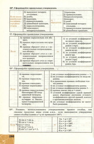 56*. Сформируйте правильные утверждения.
Если после­
довательно
соединить
середины
сторон
A) выпуклого четырех­
угольника,
Б) ромба,
B) трапеции,
Г) прямоугольника,
Д) равнобокой трапеции,
Е) параллелограмма,
Ж) вписанного
четырехугольника,
то
образуется
1)трапеция.
2) прямоугольник.
3)параллелограмм.
4)квадрат.
5) ромб.
6) вписанный четырех­
угольник.
7) прямоугольная трапеция.
8) равнобокая трапеция.
57. Сформируйте правильные утверждения.
A) прямая параллельна оси абс­
цисс,
Б) прямая параллельна оси орди­
нат,
B) прямая образует угол а с по­
ложительным направлением
Если оси абсцисс,
Г) прямая образует угол а с по­
ложительным направлением
оси ординат,
Д) прямая образует угол а с отри­
цательным направлением оси
ординат._____________________
то
1) ее угловой коэффициент
не имеет смысла.
2) ее угловой коэффициент
равен (-ctga).
3) ее угловой коэффициент
равен нулю.
4) ее угловой коэффициент
равен tga.
5) ее угловой коэффициент
равен (-tga).
6) ее угловой коэффициент
равен ctga.
58*. Сформируйте правильные утверждения.
А) прямые пересекают­ 1) их угловые коэффициенты равны — 1.
ся, 2) их угловые коэффициенты по модулю
Б) прямые параллель­ равны.
ны, 3) в уравнениях прямых свободные чле­
В) прямые совпадают, ны равны.
Г) прямые перпендику­ 4) их угловые коэффициенты равны.
Если
лярны,
то
5) их угловые коэффициенты равны 1.
Д) прямые параллельны
биссектрисе III коор­
динатной четверти,
Е) прямые перпенди­
кулярны к биссек­
трисе I координатной
четверти,
6) прямые имеют вид х = const.,
7) угловой коэффициент одной прямой
равен обратному значению углового
коэффициента другой прямой, взятого
с противоположным знаком.
8) их угловые коэффициенты не могут
быть равными.
59*. Укажите, воспользовавшись утверждениями правого столбца, как
связаны градусные меры углов а и р , если выполняется утверждение
левого столбца (сумма a + р не превышает 180°).
А) sin a = sin р,
Б) cos a = cos p,
Если B) sin a = cos p,
Г) sin p = cos a,
Д) sin2 a + cos2 p = 1,
то
1)a + p = 45°.
2) a + p = 90°.
3) a + p = 180°
4) a + P = 60°.
5) a = p.
6) a + p = 30°.
260
 