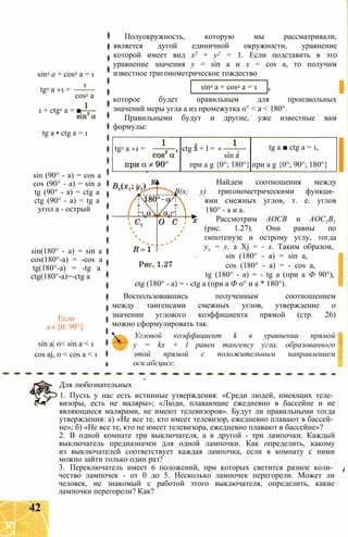 sin2 a + cos2 a = 1
tg2 a +1 =
1
cos2 a
1 + ctg2 a = ■
tg a • ctg a = 1
sin (90° - a) = cos a
cos (90° - a) = sin a
tg (90° - a) = ctg a
ctg (90° - a) = tg a
угол a - острый
sin(180° - a) = sin a
cos(180°-a) = -cos a
tg(180°-a) = -tg a
ctg(180°-a)=-ctg a
Полуокружность, которую мы рассматривали,
является дугой единичной окружности, уравнение
которой имеет вид х2 + у2 = 1. Если подставить в это
уравнение значения у = sin а и х = cos а, то получим
известное тригонометрическое тождество
sin2 a + cos2 a = 1
которое будет правильным для произвольных
значений меры угла а из промежутка 0° < a < 180°.
Правильными будут и другие, уже известные вам
формулы:
tg2 a +1 = ctg a + l = • 2 ’
sin a
Если
a є [0; 90°]:
sin a| 0< sin a < 1
cos aj, 0 < cos a < 1
tg a ■ ctg a = 1,
при a g {0°; 180°} при a g {0°; 90°; 180°}
Найдем соотношения между
B(x; у) тригонометрическими функци­
ями смежных углов, т. е. углов
180° - а и а.
Рассмотрим АОСВ и АОС1В1
(рис. 1.27). Они равны по
гипотенузе и острому углу, тогда
ух = у, а Xj = - х. Таким образом,
sin (180° - a) = sin a,
cos (180° - a) = - cos a,
tg (180° - a) = - tg a (при a Ф 90°),
ctg (180° - a) = - ctg a (при a Ф 0° и a * 180°).
Воспользовавшись полученным соотношением
между тангенсами смежных углов, утверждение о
значении углового коэффициента прямой (стр. 26)
можно сформулировать так.
Угловой коэффициент k в уравнении прямой
у = kx + l равен тангенсу угла, образованного
этой прямой с положительным направлением
оси абсцисс.
Для любознательных
1. Пусть у нас есть истинные утверждения: «Среди людей, имеющих теле­
визоры, есть не маляры»; «Люди, плавающие ежедневно в бассейне и не
являющиеся малярами, не имеют телевизоров». Будут ли правильными тогда
утверждения: а) «Не все те, кто имеет телевизор, ежедневно плавают в бассей­
не»; б) «Не все те, кто не имеет телевизора, ежедневно плавают в бассейне»?
2. В одной комнате три выключателя, а в другой - три лампочки. Каждый
выключатель предназначен для одной лампочки. Как определить, какому
из выключателей соответствует каждая лампочка, если в комнату с ними
можно зайти только один раз?
3. Переключатель имеет 6 положений, при которых светится разное коли­
чество лампочек - от 0 до 5. Несколько лампочек перегорели. Может ли
человек, не знакомый с работой этого выключателя, определить, какие
лампочки перегорели? Как?
42
 