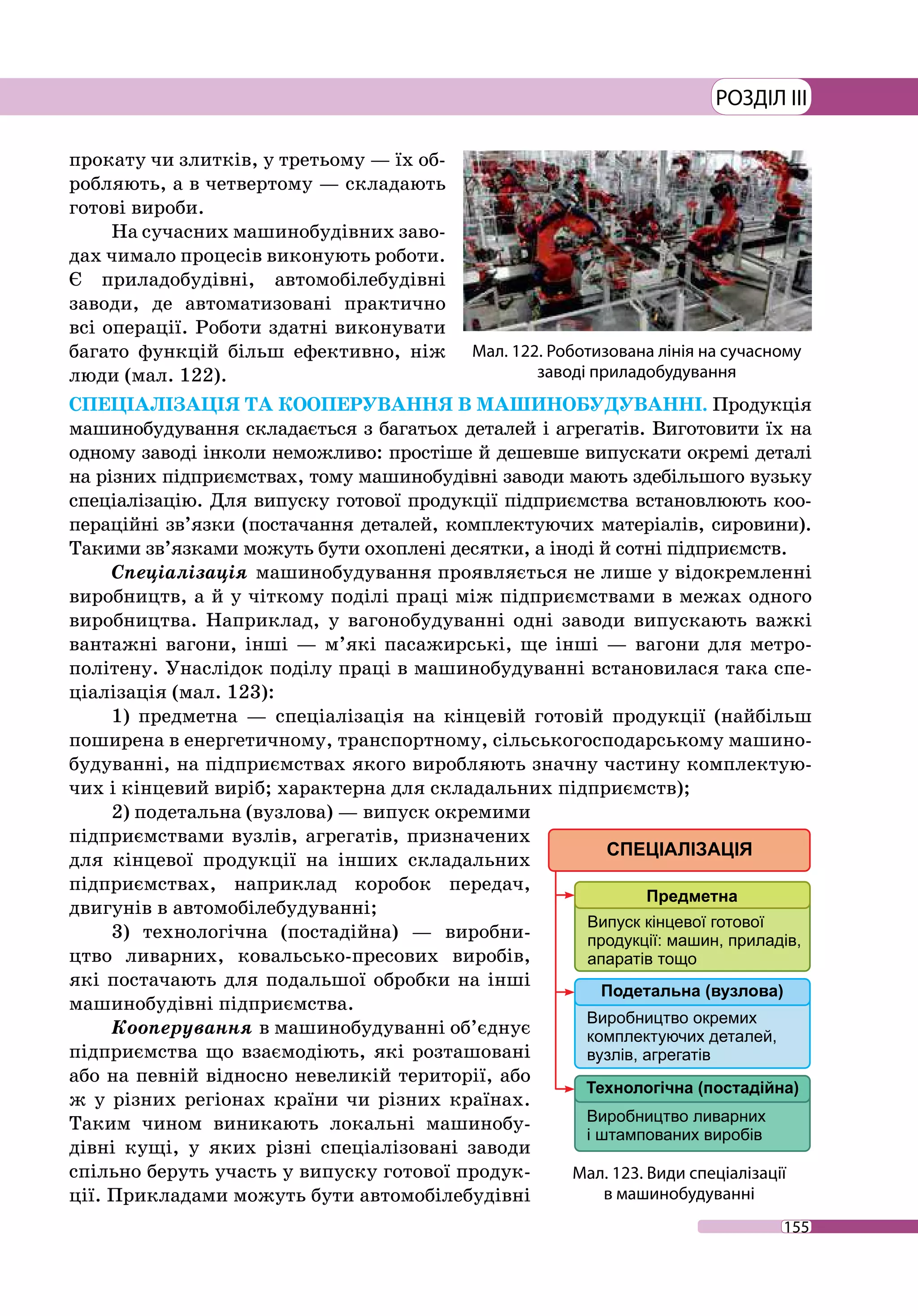 155
РОЗДІЛ III
прокату чи злитків, у третьому — їх об-
робляють, а в четвертому — складають
готові вироби.
На сучасних машинобудівних заво-
дах чимало процесів виконують роботи.
Є приладобудівні, автомобілебудівні
заводи, де автоматизовані практично
всі операції. Роботи здатні виконувати
багато функцій більш ефективно, ніж
люди (мал. 122).
СПЕЦІАЛІЗАЦІЯ ТА КООПЕРУВАННЯ В МАШИНОБУДУВАННІ. Продукція
машинобудування складається з багатьох деталей і агрегатів. Виготовити їх на
одному заводі інколи неможливо: простіше й дешевше випускати окремі деталі
на різних підприємствах, тому машинобудівні заводи мають здебільшого вузьку
спеціалізацію. Для випуску готової продукції підприємства встановлюють коо-
пераційні зв’язки (постачання деталей, комплектуючих матеріалів, сировини).
Такими зв’язками можуть бути охоплені десятки, а іноді й сотні підприємств.
Спеціалізація машинобудування проявляється не лише у відокремленні
виробництв, а й у чіткому поділі праці між підприємствами в межах одного
виробництва. Наприклад, у вагонобудуванні одні заводи випускають важкі
вантажні вагони, інші — м’які пасажирські, ще інші — вагони для метро­
політену. Унаслідок поділу праці в машинобудуванні встановилася така спе-
ціалізація (мал. 123):
1) предметна — спеціалізація на кінцевій готовій продукції (найбільш
поширена в енергетичному, транспортному, сільськогосподарському машино­
будуванні, на підприємствах якого виробляють значну частину комплектую-
чих і кінцевий виріб; характерна для складальних підприємств);
2) подетальна (вузлова) — випуск окремими
підприємствами вузлів, агрегатів, призначених
для кінцевої продукції на інших складальних
підприємствах, наприклад коробок передач,
двигунів в автомобілебудуванні;
3) технологічна (постадійна) — виробни-
цтво ливарних, ковальсько-пресових виробів,
які постачають для подальшої обробки на інші
машинобудівні підприємства.
Кооперування в машинобудуванні об’єднує
підприємства що взаємодіють, які розташовані
або на певній відносно невеликій території, або
ж у різних регіонах країни чи різних країнах.
Таким чином виникають локальні машинобу-
дівні кущі, у яких різні спеціалізовані заводи
спільно беруть участь у випуску готової продук-
ції. Прикладами можуть бути автомобілебудівні
Мал. 122. Роботизована лінія на сучасному
заводі приладобудування
Мал. 123. Види спеціалізації
в машинобудуванні
 