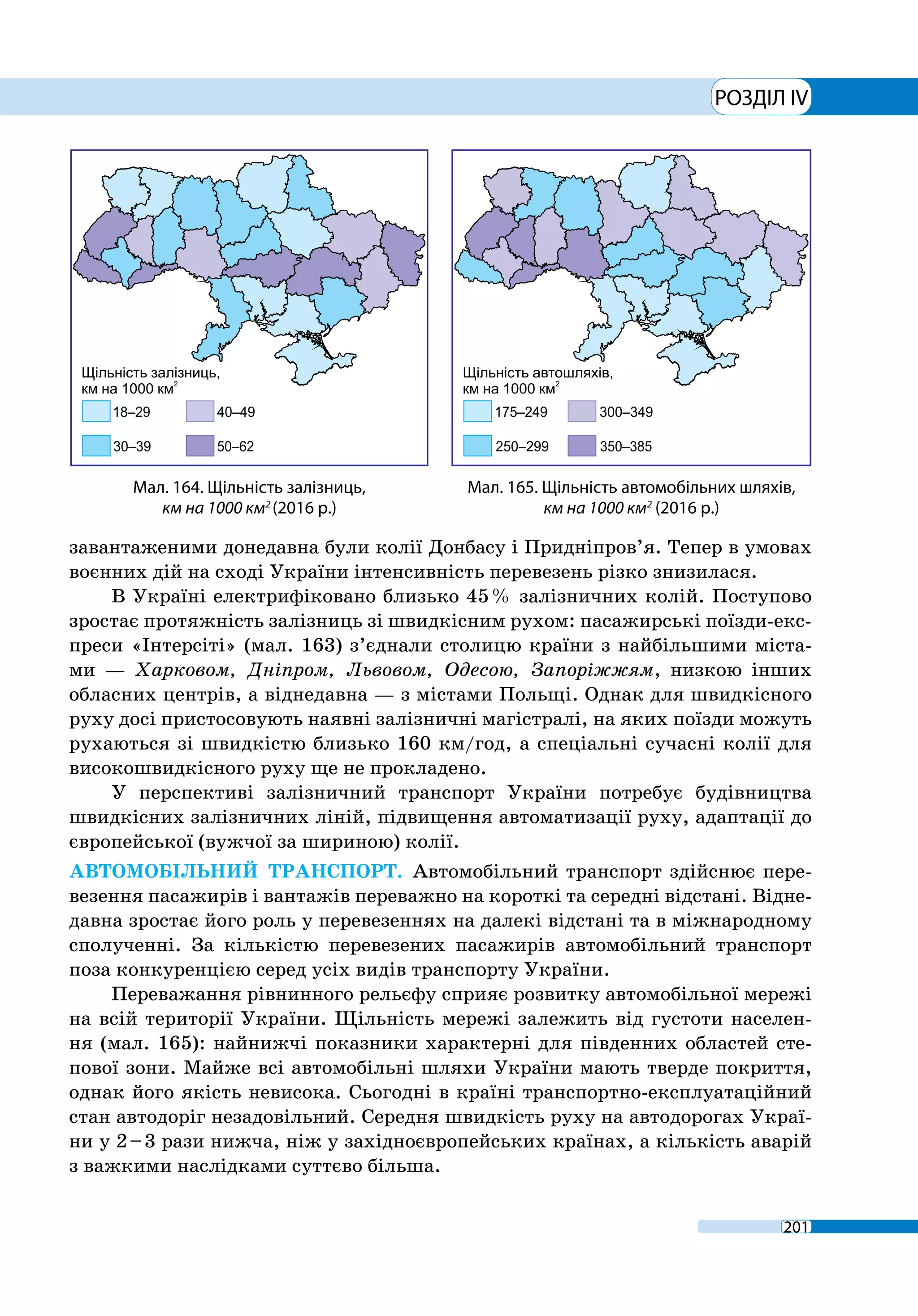 201
РОЗДІЛ IV
завантаженими донедавна були колії Донбасу і Придніпров’я. Тепер в умовах
воєнних дій на сході України інтенсивність перевезень різко знизилася.
В Україні електрифіковано близько 45 % залізничних колій. Поступово
зростає протяжність залізниць зі швидкісним рухом: пасажирські поїзди-екс-
преси «Інтерсіті» (мал. 163) з’єднали столицю країни з найбільшими міста-
ми — Харковом, Дніпром, Львовом, Одесою, Запоріжжям, низкою інших
обласних центрів, а віднедавна — з містами Польщі. Однак для швидкісного
руху досі пристосовують наявні залізничні магістралі, на яких поїзди можуть
рухаються зі швидкістю близько 160 км/год, а спеціальні сучасні колії для
високошвидкісного руху ще не прокладено.
У перспективі залізничний транспорт України потребує будівництва
швидкісних залізничних ліній, підвищення автоматизації руху, адаптації до
європейської (вужчої за шириною) колії.
АВТОМОБІЛЬНИЙ ТРАНСПОРТ. Автомобільний транспорт здійснює пере-
везення пасажирів і вантажів переважно на короткі та середні відстані. Відне-
давна зростає його роль у перевезеннях на далекі відстані та в міжнародному
сполученні. За кількістю перевезених пасажирів автомобільний транспорт
поза конкуренцією серед усіх видів транспорту України.
Переважання рівнинного рельєфу сприяє розвитку автомобільної мережі
на всій території України. Щільність мережі залежить від густоти населен-
ня (мал. 165): найнижчі показники характерні для південних областей сте-
пової зони. Майже всі автомобільні шляхи України мають тверде покриття,
однак його якість невисока. Сьогодні в країні транспортно-експлуатаційний
стан автодоріг незадовільний. Середня швидкість руху на автодорогах Украї-
ни у 2 – 3 рази нижча, ніж у західноєвропейських країнах, а кількість аварій
з важкими наслідками суттєво більша.
Мал. 165. Щільність автомобільних шляхів,
км на 1000 км2
(2016 р.)
Мал. 164. Щільність залізниць,
км на 1000 км2
(2016 р.)
 