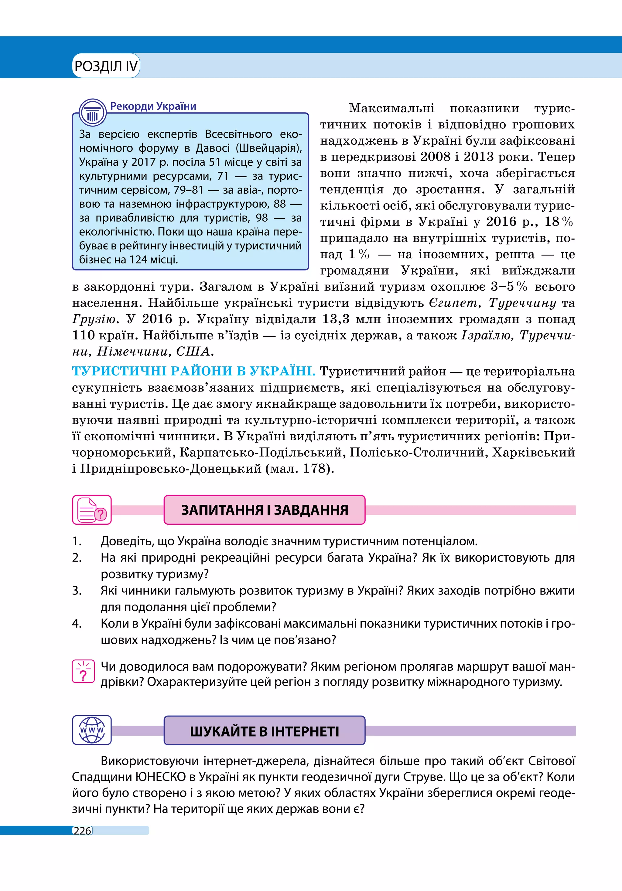 РОЗДІЛ IV
226
Максимальні показники турис-
тичних потоків і відповідно грошових
надходжень в Україні були зафіксовані
в передкризові 2008 і 2013 роки. Тепер
вони значно нижчі, хоча зберігається
тенденція до зростання. У загальній
кількості осіб, які обслуговували турис-
тичні фірми в Україні у 2016 р., 18 %
припадало на внутрішніх туристів, по-
над 1 % — на іноземних, решта — це
громадяни України, які виїжджали
в закордонні тури. Загалом в Україні виїзний туризм охоплює 3–5 % всього
населення. Найбільше українські туристи відвідують Єгипет, Туреччину та
Грузію. У 2016 р. Україну відвідали 13,3 млн іноземних громадян з понад
110 країн. Найбільше в’їздів — із сусідніх держав, а також Ізраїлю, Туреччи-
ни, Німеччини, США.
ТУРИСТИЧНІ РАЙОНИ В УКРАЇНІ. Туристичний район — це територіальна
сукупність взаємозв’язаних підприємств, які спеціалізуються на обслугову-
ванні туристів. Це дає змогу якнайкраще задовольнити їх потреби, використо-
вуючи наявні природні та культурно-історичні комплекси території, а також
її економічні чинники. В Україні виділяють п’ять туристичних регіонів: При-
чорноморський, Карпатсько-Подільський, Полісько-Столичний, Харківський
і Придніпровсько-Донецький (мал. 178).
1. 	 Доведіть, що Україна володіє значним туристичним потенціалом.
2. 	 На які природні рекреаційні ресурси багата Україна? Як їх використовують для
розвитку туризму?
3. 	 Які чинники гальмують розвиток туризму в Україні? Яких заходів потрібно вжити
для подолання цієї проблеми?
4. 	 Коли в Україні були зафіксовані максимальні показники туристичних потоків і гро-
шових надходжень? Із чим це пов’язано?
	 Чи доводилося вам подорожувати? Яким регіоном пролягав маршрут вашої ман-
дрівки? Охарактеризуйте цей регіон з погляду розвитку міжнародного туризму.
Використовуючи інтернет-джерела, дізнайтеся більше про такий об’єкт Світової
Спадщини ЮНЕСКО в Україні як пункти геодезичної дуги Струве. Що це за об’єкт? Коли
його було створено і з якою метою? У яких областях України збереглися окремі геоде-
зичні пункти? На території ще яких держав вони є?
За версією експертів Всесвітнього еко-
номічного форуму в Давосі (Швейцарія),
Україна у 2017 р. посіла 51 місце у світі за
культурними ресурсами, 71  — за турис-
тичним сервісом, 79–81 — за авіа-, порто-
вою та наземною інфраструктурою, 88 —
за привабливістю для туристів, 98  — за
екологічністю. Поки що наша країна пере-
буває в рейтингу інвестицій у туристичний
бізнес на 124 місці.
 