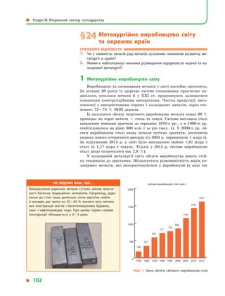 § 24	Металургійне виробництво світу
та  окремих країн
Спробуйте відповісти
1.	 Чи є  наявність запасів руд металів основним чинником розвитку ме­
талургії в  країні?
2.	 Якими є найголовніші чинники розміщення підприємств чорної та ко­
льорової металургії?
1	Металургійне виробництво світу
Виробництво та споживання металів у світі постійно зростають.
За останні 20 років їх щорічне світове споживання практично по-
двоїлося, оскільки метали й  у  XXI ст. продовжують залишатися
основними конструкційними матеріалами. Частка продукції, виго-
товленої з  використанням чорних і  кольорових металів, зараз ста-
новить 72—74  % ВНП держав.
Із загального обсягу щорічного виробництва металів понад 90  %
припадає на чорні метали  — сталь та чавун. Світова виплавка сталі
швидкими темпами зростала до середини 1970-х рр., а  в  1990-ті  рр.
стабілізувалася на рівні 800  млн  т за рік (мал.  1). У  2000-х рр. об-
сяги виробництва сталі знову почали суттєво зростати, досягаючи
щороку нового історичного рекорду (із 2004 р. перевищили 1 млрд т).
За підсумками 2014  р. у  світі було виплавлено майже 1,67  млрд  т
сталі та 1,17  млрд  т чавуну. Тільки у  2015  р. світове виробництво
сталі дещо скоротилося (на 2,8  %).
У кольоровій металургії світу обсяги виробництва мають стій-
ку тенденцію до зростання. Збільшується різноманітність видів ко-
льорових металів, які використовуються у  виробництві (у  наш час
Чи відомо вам, що…
Використання рідкісних металів суттєво змінює власти­
вості багатьох традиційних матеріалів. Наприклад, дода­
вання до сталі лише декількох сотих відсотка ніобію
й  ванадію дає змогу на 30—40  % знизити вагу метале­
вих конструкцій мостів і  багатоповерхових будівель,
газо- і  нафтопроводів тощо. При цьому термін служби
конструкцій збільшується у  2—3 рази.
Мал. 1. Зміна обсягів світового виробництва сталі.
0
500
1000
1500
2000
189
347
595
717
770
850
1148
1433
1621
1950 1960 1970 1980 1990 2000 2005 2010 2015
Світове виробництво сталі, млн т
  Розділ III. Вторинний сектор господарства
  102
 
