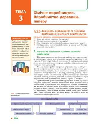 § 25	Значення, особливості та чинники
розміщення хімічного виробництва
Спробуйте відповісти
1.	На які дві частини поділяють хімічну науку?
2.	 Які класи неорганічних сполук вам відомі?
3.	 Якою продукцією хімічного виробництва ви користуєтеся щодня?
4.	 Які підприємства хімічного виробництва є  у  вашому краї? Яку про­
дукцію вони випускають?
1	 Значення та особливості технологій хімічного
виробництва
Хімічними називають виробництва, які для виготовлення про­
дукції використовують хімічні методи переробки сировини та ма­
теріалів. У  структурі хімічної промисловості виділяють дві великі
групи виробництв: основна (неорганічна) хімія і  промисловість ор­
ганічного синтезу (мал. 1).
Основна хімія виробляє мінеральні добрива (азотні, калійні, фос­
фатні), сульфатну кислоту, соду тощо. До групи промисловості орга­
нічного синтезу входять: хімія органічного синтезу (виробництво
органічних напівфабрикатів  — етилену, ацетилену, бензолу, етило­
вого спирту, оцтової кислоти тощо); виробництво полімерів (синтетич­
них смол, каучуку, пластмас, хімічних волокон); переробка полімерів
(виробництво шин, гумотехнічних виробів, виробів із пластмас).
Промисловість органічного синтезу виробляє найбільшу частку
продукції сучасного хімічного виробництва. Вона постачає іншим
промисловим підприємствам нові матеріали з  різними властивостя­
ми, які можуть замінити чорні й  кольорові метали, цінну деревину,
натуральну вовну, бавовну, льон. Полімерні вироби дешевші від тих,
які виготовлені з  натуральних речовин, мають часто кращі власти­
вості. Однак побутові речі з  хімічних матеріалів зазвичай гірші за
гігієнічними характеристиками.
Чи відомо вам, що…
Розрізняють штучні й  син­
тетичні хімічні волокна.
Штучні отримують із при­
родних полімерів  — пере­
важно із целюлози (ацетат­
ні, віскозні й  мідно-аміачні
волокна), а  синтетичні во­
локна (анід, капрон, лав­
сан, нітрон) виробляють із
синтетичних смол.
Мал. 1. Структура хімічного
виробництва.
Хімічне виробництво
Основна хімія
Фармацевтичне
Синтетичних барвників, лаків і  фарб
Побутової хіміїХімія органічного синтезу
Виробництво полімерів Переробка полімерів
Інші хімічні виробництваПромисловість органічного синтезу
  106
Хімічне виробництво.
Виробництво деревини,
паперу
Тема
3
 