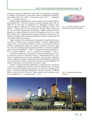 корисного елементу найбільша частка (45  %) припадала на фосфор-
ні добрива. На сьогодні із загального обсягу виробництва мінераль-
них добрив (227  млн т) 60  % становлять азотні, 25  %  — фосфорні,
15  %  — калійні (мал. 3).
Найбільшими виробниками азотних добрив за підсумками 2014 р.
були Китай (34  % світового випуску азотних добрив), Індія (10  %),
США (9  %), Росія (6  %), Україна (3  %). Лідерами з  випуску фос-
форних добрив є  США (24  %), Росія, Китай, Марокко, Туніс, а  ка-
лійних  — Канада (23  %), Росія, Білорусь, Китай, Ізраїль, Німеччи-
на. До важливих виробників мінеральних добрив належать також
Мексика та країни Перської затоки. Це зумовлено тим, що із сере­
дини 1970-х рр. у  нафтодобувних країнах Близького Сходу (мал. 4),
Південно-Східної Азії, Латинської Америки почали створюватися ве-
ликі нафтохімічні комплекси.
Зараз відбувається переміщення традиційних виробництв основ­
ної хімії у  країни нової індустріалізації та багаті нафтодобувні
краї­ни. Так, за підсумками 2014  р., 54,6  % від загального обсягу
світового виробництва продукції хімічної індустрії належить краї-
нам Азії. На держави Європи припадало 22,9 % світового виробни-
цтва, об’єднання НАФТА — 16,9 %, країни Латинської Америки —
4,3  %, країни Африки  — 0,8  %, Австралію та Океанію  — 0,6  %.
В останні десятиліття на розвиток хімічної промисловості суттє-
во вплинули процеси зниження енерго- і  матеріаломісткості, поси-
лення її залежності від наукових розробок. Як наслідок, найрозви-
неніші країни все більше спеціалізуються на виробництві продукції
хімії органічного синтезу, передусім високого ступеня обробки (лі-
карські препарати, високоякісні пластмаси тощо).
Одним із найважливіших виробництв у промислово­сті органічно-
го синтезу є виробництво хімічних волокон (синтетичних, які вироб­
ляють із паливних мінеральних ресурсів, та штучних, сировиною для
яких є целюлоза). Обсяги виробництва хімічних волокон із 2000 до
2014  р. зросли з  31 до 53  млн т. При цьому частка штучних воло-
кон становила 91  %, а  синтетичних  — 9  %.
Мал. 3. Сучасна структура світового
споживання мінеральних добрив.
калійні
15%
фосфорні
25 %
азотні
60 %
Мал. 4. Нафтохімічний комплекс
у  Кувейті.
Тема 3. Хімічне виробництво. Виробництво деревини, паперу 
111 
 