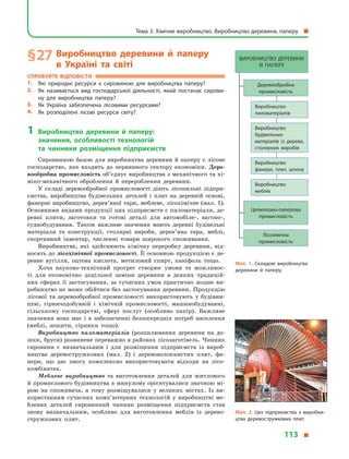 §27 виробництво деревини й  паперу
в  україні та світі
СпробуйтЕ відповіСти
1. Які природні ресурси є  сировиною для виробництва паперу?
2. Як називається вид господарської діяльності, який постачає сирови­
ну для виробництва паперу?
3. Як Україна забезпечена лісовими ресурсами?
4. Як розподілені лісові ресурси світу?
1 виробництво деревини й  паперу:
значення, особливості технологій
та чинники розміщення підприємств
Сировинною базою для виробництва деревини й паперу є лісове
господарство, яке входить до первинного сектору економіки. Дере-
вообробна промисловість об’єднує виробництва з механічного та хі­
міко­механічного оброблення й перероблення деревини.
У складі деревообробної промисловості діють лісопильні підпри­
ємства, виробництва будівельних деталей і плит на деревній основі,
фанерне виробництво, дерев’яної тари, меблеве, лісохімічне (мал. 1).
Основними видами продукції цих підприємств є пиломатеріали, де­
ревні плити, заготовки та готові деталі для автомобіле­, вагоно­,
суднобудування. Також важливе значення мають деревні будівельні
матеріали та конструкції, столярні вироби, дерев’яна тара, меблі,
спортивний інвентар, численні товари широкого споживання.
Виробництва, які здійснюють хімічну переробку деревини, від­
носять до лісохімічної промисловості. Її основною продукцією є де­
ревне вугілля, оцтова кислота, метиловий спирт, каніфоль тощо.
Хоча науково­технічний прогрес створює умови та можливос­
ті для економічно доцільної заміни деревини в деяких традицій­
них сферах її застосування, за сучасних умов практично жодне ви­
робництво не може обійтися без застосування деревини. Продукцію
лісової та деревообробної промисловості використовують у будівни­
цтві, гірничодобувній і хімічній промисловості, машинобудуванні,
сільському господарстві, сфері послуг (особливо папір). Важливе
значення вона має і в забезпеченні безпосередніх потреб населення
(меблі, зошити, сірники тощо).
Виробництво пиломатеріалів (розпилювання деревини на до­
шки, бруси) розвинене переважно в районах лісозаготівель. Чинник
сировини є визначальним і для розміщення підприємств із вироб­
ництва деревостружкових (мал. 2) і деревоволокнистих плит, фа­
нери, що дає змогу комплексно використовувати відходи на лісо­
комбінатах.
Меблеве виробництво та виготовлення деталей для житлового
й промислового будівництва в минулому орієнтувалися значною мі­
рою на споживача, а тому розміщувалися у великих містах. Із ви­
користанням сучасних комп’ютерних технологій у виробництві ме­
блевих деталей сировинний чинник розміщення підприємств став
знову визначальним, особливо для виготовлення меблів із дерево­
стружкових плит.
Мал. 1. Складові виробництва
деревини й  паперу.
ВиРОбницТВО ДЕРЕВини
Й  ПАПЕРУ
Деревообробна
промисловість
Виробництво
пиломатеріалів
Виробництво
будівельних
матеріалів із дерева,
столярних виробів
Виробництво
меблів
Виробництво
фанери, плит, шпону
целюлозно­паперова
промисловість
лісохімічна
промисловість
Деревообробна
промисловість
Виробництво
пиломатеріалів
Виробництво
будівельних
матеріалів із дерева,
столярних виробів
Виробництво
Виробництво
фанери, плит, шпону
Мал. 2. цех підприємства з  виробни­
цтва деревостружкових плит.
Тема 3. Хімічне виробництво. Виробництво деревини, паперу
113
 