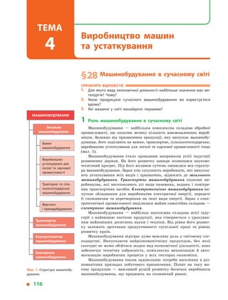 § 28	Машинобудування в  сучасному світі
Спробуйте відповісти
1.	 Для якого виду економічної діяльності найбільше значення має ме­
талургія? Чому?
2.	 Якою продукцією сучасного машинобудування ви користуєтеся
вдома?
3.	 Які машини у  світі винайдено першими?
1	Роль машинобудування в  сучасному світі
Машинобудування  — найбільша комплексна складова обробної
промисловості, що охоплює велику кількість взаємозалежних вироб­
ництв. Залежно від призначення продукції, яку випускає машинобу­
дування, його поділяють на важке, транспортне, сільськогосподарське,
виробництво устаткування для легкої та харчової промисловості тощо
(мал. 1).
Машинобудування стало провідним напрямком усієї індустрії
розвинених держав. На його розвитку завжди позначався науково-
технічний прогрес. Під його впливом суттєво змінилася вся структу­
ра машинобудування. Зараз усю сукупність виробництв, які випуска­
ють устаткування всіх видів і  призначень, відносять до загального
машинобудування. Транспортне машинобудування охоплює ви­
робництва, які виготовляють усі види наземних, водних і  повітря­
них транспортних засобів. Електротехнічне машинобудування ви­
пускає обладнання для виробництва електричної енергії, передачі
її споживачам та перетворення на  інші види енергії. Зараз з  елек­
тротехнічної промисловості виділилася майже самостійна складова —
електронне машинобудування.
Машинобудування  — найбільш наукоємна складова всієї інду­
стрії з  найвищою часткою продукції, яка створюється з  урахуван­
ням найновіших досягнень науки і  техніки. Від рівня його розвит­
ку залежать зростання продуктивності суспільної праці та рівень
розвитку країн.
Машинобудування відіграє дуже важливу роль у світовому гос­
подарстві. Випускаючи найрізноманітнішу продукцію, без якої
сьогодні не може обійтися жоден вид економічної діяльності, воно
забезпечує технічну озброєність, комплексну механізацію й  авто­
матизацію виробничих процесів у  всіх секторах економіки.
Машинобудування також задовольняє потреби населення в  різ­
номанітних приладах побутового призначення. Попит на таку ма­
сову продукцію  — важливий рушій розвитку багатьох виробництв
машинобудування, що працюють на споживчий ринок.
Машинобудування
Загальне
машинобудування
Важке
машинобудування
Виробництво
устаткування для
легкої та харчової
промисловості
Тракторне та сіль­
ськогосподарське
машинобудування
Верстато-
і приладобудування
Транспортне
машинобудування
Електротехнічне
машинобудування
Електронне
машинобудування
Мал. 1. Структура машинобу­
дування.
  116
Виробництво машин
та  устаткування
Тема
4
 
