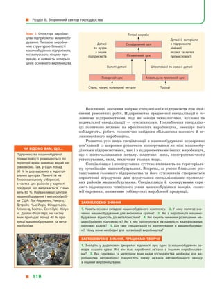 Важливого значення набуває спеціалізація підприємств при здій­
сненні ремонтних робіт. Підприємства предметної спеціалізації є го­
ловними підприємствами, тоді як заводи технологічної, вузлової та
подетальної спеціалізації — суміжниками. Поглиблення спеціаліза­
ції позитивно впливає на ефективність виробництва, зменшує його
собівартість, робить економічно вигідним збільшення масового й ве­
ликосерійного виробництва.
Розвиток усіх видів спеціалізації в машинобудуванні нерозривно
пов’язаний із широким розвитком кооперування як між машинобу­
дівними підприємствами, так і з підприємствами інших виробництв,
що є постачальниками металу, пластмас, шин, електротехнічного
устаткування, скла, технічних тканин тощо.
Спеціалізація і кооперування суттєво впливають на територіаль­
ну організацію машинобудування. Зокрема, за умови близького роз­
ташування головного підприємства та його суміжників створюються
сприятливі передумови для формування спеціалізованих промисло­
вих районів машинобудування. Спеціалізація й кооперування спри­
яють підвищенню технічного рівня машинобудівних заводів, еконо­
мії сировини, зниженню собівартості виробленої продукції.
ЗаКріплюємо Знання
1. назвіть основні складові машинобудівного комплексу. 2. У чому полягає зна­
чення машинобудування для економіки країни? 3.  Які з  виробництв машино­
будування відносять до металомістких? 4. Які існують чинники розміщення ма­
шинобудівних підприємств? Які з  них орієнтуються на наявність кваліфікованих
наукових кадрів? 5.  Що таке спеціалізація та кооперування в  машинобудуван­
ні? Чому вони необхідні для організації виробництва?
ЗаСтоСовуємо Знання, працюємо творчо
1.  Знайдіть у  додаткових джерелах відомості про один із машинобудівних за­
водів вашого краю. Які він має виробничі зв’язки з  іншими виробництва­
ми? 2.  Яка сировина та матеріали яких видів господарства необхідні для ви­
робництва автомобілів? накресліть схему зв’язків автомобільного заводу
з  іншими виробництвами.
Мал. 3. Структура виробни­
цтва підприємства машинобу­
дування. Типовою виробни­
чою структурою більшості
машинобудівних підприємств,
які випускають кінцеву про­
дукцію, є  наявність чотирьох
цехів основного виробництва.
Деталі
та вузли
з  інших
підприємств
Вилиті деталі Штамповані та ковані деталі
Механічний цех
Складальний цех
Готові вироби
Деталі й  матеріали
з  підприємств
хімічної,
лісової та легкої
промисловості
ливарний цех
Сталь, чавун, кольорові метали
Ковальсько­пресовий цех
Прокат
чи відомо вам, що…
Підприємства машинобудівної
промисловості розміщуються по
території країн зазвичай вкрай не­
рівномірно. Так, у США понад
60  % їх розташовано в індустрі­
альних центрах Півночі та на
Тихоокеанському узбережжі,
а  частка цих районів у вартості
продукції, що випускається, стано­
вить 80 %. найважливіші центри
машинобудування і металооброб­
ки США: лос­Анджелес, Чикаго,
Детройт, нью­Йорк, Філадельфія,
Клівленд, бостон, Сент­луїс, Мілуо­
кі, Даллас­Форт­Уерт, на частку
яких припадає понад 40 % про­
дукції машинобудування та мета­
лообробки.
Розділ III. Вторинний сектор господарства
118
 