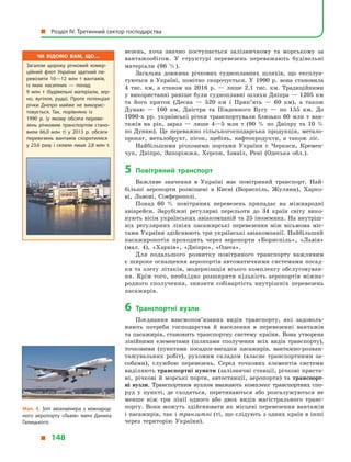 везень, хоча значно поступається залізничному та морському за
вантажообігом. У  структурі перевезень переважають будівельні
матеріали (96  %).
Загальна довжина річкових судноплавних шляхів, що експлуа-
туються в  Україні, помітно скорочується. У  1990  р. вона становила
4 тис. км, а  станом на 2016  р.  — лише 2,1 тис. км. Традиційними
у використанні раніше були судноплавні шляхи Дніпра — 1205 км
та його приток (Десна  — 520  км і  Прип’ять  — 60  км), а  також
Дунаю  — 160  км, Дністра та Південного Бугу  — по 155  км. До
1990-х  рр. українські річки транспортували близько 60 млн  т ван-
тажів на рік, зараз  — лише 4—5 млн  т (90 % по Дніпру та 10 %
по Дунаю). Це переважно сільськогосподарська продукція, метало-
прокат, металобрухт, пісок, щебінь, нафтопродукти, а  також ліс.
Найбільшими річковими портами України є  Черкаси, Кремен-
чук, Дніпро, Запоріжжя, Херсон, Ізмаїл, Рені (Одеська обл.).
5	Повітряний транспорт
Важливе значення в  Україні має повітряний транспорт. Най-
більші аеропорти розміщені в  Києві (Бориспіль, Жуляни), Харко-
ві, Львові, Сімферополі.
Понад 60  % повітряних перевезень припадає на міжнародні
авіарейси. Зарубіжні регулярні перельоти до 34  країн світу вико-
нують вісім українських авіакомпаній та 25 іноземних. На внутріш-
ніх регулярних лініях пасажирські перевезення між вісьмома міс-
тами України здійснюють три українські авіакомпанії. Найбільший
пасажиропотік проходить через аеропорти «Бориспіль», «Львів»
(мал.  4), «Харків», «Дніпро», «Одеса».
Для подальшого розвитку повітряного транспорту важливим
є широке оснащення аеропортів автоматичними системами посад-
ки та злету літаків, модернізація всього комплексу обслуговуван-
ня. Крім того, необхідно розширити кількість аеропортів міжна-
родного сполучення, знизити собівартість внутрішніх перевезень
пасажирів.
6	Транспортні вузли
Поєднання взаємопов’язаних видів транспорту, які задоволь-
няють потреби господарства й  населення в  перевезенні вантажів
та пасажирів, становить транспортну систему країни. Вона утворена
лінійними елементами (шляхами сполучення всіх видів транспорту),
точковими (пунктами посадки-висадки пасажирів, вантажно-розван-
тажувальних робіт), рухомим складом (власне транспортними за-
собами), службою перевезень. Серед точкових елементів системи
виділяють транспортні пункти (залізничні станції, річкові приста-
ні, річкові й  морські порти, автостанції, аеропорти) та транспорт­
ні вузли. Транспортним вузлом вважають комплекс транспортних спо-
руд у  пункті, де сходяться, перетинаються або розгалужуються не
менше ніж три лінії одного або двох видів магістрального транс­
порту. Вони можуть здійснювати як місцеві перевезення вантажів
і пасажирів, так і транзитні (ті, що слідують з одних країн в інші
через територію України).
Мал. 4. Зліт авіалайнера з  міжнарод­
ного аеропорту «Львів» імені Данила
Галицького.
Чи відомо вам, що…
Загалом щороку річковий комер­
ційний флот України здатний пе­
ревозити 10—12  млн  т вантажів,
із  яких насипних  — понад
9  млн  т (будівельні матеріали, зер­
но, вугілля, руда). Проте потенціал
річки Дніпро майже не викорис­
товується. Так, порівняно із
1990  р. (у  якому обсяги переве­
зень річковим транспортом стано­
вили 66,0  млн т) у  2013  р. обсяги
перевезень вантажів скоротилися
у  23,6 разу і  склали лише 2,8  млн т.
  Розділ IV. Третинний сектор господарства
  148
 