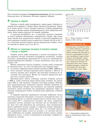 Такі економіки називають інтернаціоналізованими. До них належать
Сингапур (мал.  3), Малайзія, Об’єднані Арабські Емірати.
4	Торгівля в  Україні
Торгівля в  нашій країні розвивалася з  давніх-давен. Особливо ві-
домими були ярмарки у  Львові, Києві, Великих Сорочинцях, Харко-
ві та інших містах і  селах. Сьогодні торгівля в  Україні розвивається
швидкими темпами завдяки підприємницькому хисту приватних влас-
ників. Вони швидко реагують на потреби українців.
У структурі роздрібного, як і  в  структурі гуртового товарообі-
гу нашої держави переважають непродовольчі товари. При цьому
якщо питома вага продовольчих товарів у структурі роздрібної тор-
гівлі впродовж останніх років коливається в межах від 34 до 40 %,
то у структурі гуртової торгівлі частка продовольчих товарів є знач­
но нижчою (у  межах від 15 до 20 %).
5	Обсяги та структура експорту й  імпорту товарів
і  послуг в  Україні
Україна досить добре інтегрована у  світове господарство. Цьо-
му сприяють вигідне економіко-географічне положення, зокрема
сусідство з  розвиненими державами ЄС та вихід до чорноморсько-
середземноморського басейну, а  також підписання угоди про асо-
ціацію з ЄС.
Обсяги зовнішньої торгівлі України в  цілому мають тенденцію
до зростання (мал.  4), хоча спостерігалися два періоди спаду:
1)	 на початку глобальної кризи світової економіки (2008—2009 рр.).;
2)	 після окупації частини території нашої держави у  2014  р. та
початку воєнних дій в  Україні. Це негативно вплинуло на за-
гальний стан економіки. Воєнні дії охопили промислові регі-
они двох східних областей.
Максимального обсягу зовнішня торгівля України досягла
у  2008  р. перед початком кризи (152,5  млрд доларів). За підсум-
ками 2015  р. цей показник становив 75,6  млрд доларів. Негатив-
ною характеристикою зовнішньої торгівлі України тривалий час
було переважання імпорту над експортом, що означало надмірну
залежність нашої економіки від закордонної продукції. Зараз ця
ситуація покращилася й обсяг експорту може зрівнятися з обсягом
імпорту.
У товарній структурі українського експорту найбільша частка
належить продукції металургії, сільського господарства (мал. 5),
машинобудування та хімічної промисловості. Разом вони станов-
лять понад 80  % українського експорту. На жаль, українська
економіка суттєво залежить від світових цін на експортні това-
ри. Для того щоб зменшити цю залежність, наші підприємства
мають вироб­ляти більше товарів із глибоким рівнем переробки,
наприклад пасажирські літаки (мал.  6), а  не сталевий прокат;
не спрямовувати зерно тільки на експорт, а  із частини виготов-
ляти комбікорм для худоби, відгодовувати велику рогату худобу,
виробляти м’ясо, а готові м’ясопродукти (консерви, ковбаси) по-
стачати на експорт.
Мал. 4. Зміни в  експорті та імпорті
України в  1995—2015 рр.
Мал. 5. Завантаження українського
зерна на спеціалізоване судно в  пор­
ту Одеси.
0
20
40
60
80
100
млрд дол. США
1996
1998
2000
2002
2004
2006
2008
2010
2012
2014
імпорт
експорт
Чи відомо вам, що…
Важливу роль у  внутрішній торгів­
лі в  Україні відіграють торговельні
мережі. У  них є  можливість отри­
мувати економію від масштабів ді­
яльності, концентрувати ресурси,
мати кваліфіковані кадри, центра­
лізовано організовувати товаро­
постачання своїх магазинів, виби­
рати товаропостачальників, які
випускають більш якісні товари.
Найефективнішими в  Україні ви­
знані мережі АТБ, Фоззі Груп
(«Сільпо»), Варус, Ашан, Метро.
Тема 2. Торгівля 
157 
 