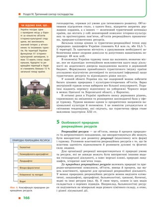 господарства, отримав усі умови для інтенсивного розвитку. Об’єк­
тивним підґрунтям стало, з  одного боку, відкриття закритих дер­
жавних кордонів, а  з  іншого  — величезний туристичний потенціал
країни, що містить у  собі неповторний комплекс історико-культур­
них та архітектурних пам’яток, об’єктів рекреаційного призначен­
ня, природно-кліматичних ресурсів.
Загальна площа цінних із туристично-рекреаційної точки зору
природних ландшафтів України становить 9,4  млн га, або 15,5  %
її території. Їх одночасна місткість з  урахуванням необхідності за­
безпечення вимог охорони довкілля та допустимих навантажень пе­
ревищує 48  млн осіб.
В економіці України туризму поки що належить незначне міс­
це, яке не відповідає потенційним можливостям цього виду діяль­
ності як додаткового джерела надходження валюти в  державний
бюджет. Формування привабливого туристичного іміджу країни
ускладнено відсутністю достовірної та актуальної інформації щодо
туристичних ресурсів та відповідного рівня послуг.
У кожній області України під час подорожей можна побачити
багато цікавих природних і  культурно-історичних об’єктів. Зараз
внутрішній туризм почав набирати все більшої популярності. Укра­
їнці віддають перевагу відпочинку на узбережжі Чорного моря
в  межах Одеської та Херсонської області, у  Карпатах.
В останні роки в  Україні прийнято низку державних рішень,
спрямованих на зміцнення та розширення законодавчої бази у сфе­
рі туризму. Туризм визнано одним із пріоритетних напрямків на­
ціональної культури й  економіки. І  це повністю узгоджується зі
світовими тенденціями, які свідчать, що туристична сфера стане
важливою індустрією XXI ст.
5	Особливості природних
рекреаційних ресурсів
Рекреаційні ресурси  — це об’єкти, явища й  процеси природно­
го та антропогенного походження, що використовуються або можуть
бути використані для розвитку рекреації (відпочинку всіх форм)
і туризму. Головною властивістю рекреаційних ресурсів є те, що їм
властива здатність відновлювати й  розвивати духовні та фізичні
сили людини.
Для організації рекреації використовуються ті природні умови
та ресурси, які не завжди можуть бути використані іншими вида­
ми господарської діяльності, а саме: морські пляжі, природні ланд­
шафти, історичні пам’ятки тощо.
До природних рекреаційних ресурсів належать природні та при­
родно-антропогенні комплекси, об’єкти, явища й  процеси, що ма­
ють властивості, придатні для організації рекреаційної діяльності.
У  межах природних рекреаційних ресурсів можна виділити кліма­
тичні, ландшафтні, орографічні, бальнеологічні, грязьові, біотичні,
водні та інші ресурси (мал.  6). У  свою чергу, кожен із цих видів
складається з  окремих підвидів. Наприклад, бальнеологічні ресур­
си поділяються на мінеральні води різного хімічного складу, а отже,
і  різної лікувальної дії.
Чи відомо вам, що…
Україна посідає одне
з  провідних місць у  Євро­
пі за кількістю об’єктів
історико-культурної спад­
щини, які викликають
знач­ний інтерес у  вітчиз­
няних та іноземних турис­
тів. На території України
функціонує 61 історико-
культурний заповідник, із
яких 13  мають статус націо­
нальних. Курортні та ре­
креаційні території в  Украї­
ні становлять близько 15  %
загальної площі країни.
Мал. 6. Класифікація природних ре­
креаційних ресурсів.
Природні рекреаційні ресурси
Геологічні
Геоморфолого-орографічні
Ландшафтні
Флоро-фауністичні
Кліматичні та погодні
Водні
  Розділ IV. Третинний сектор господарства
  166
 